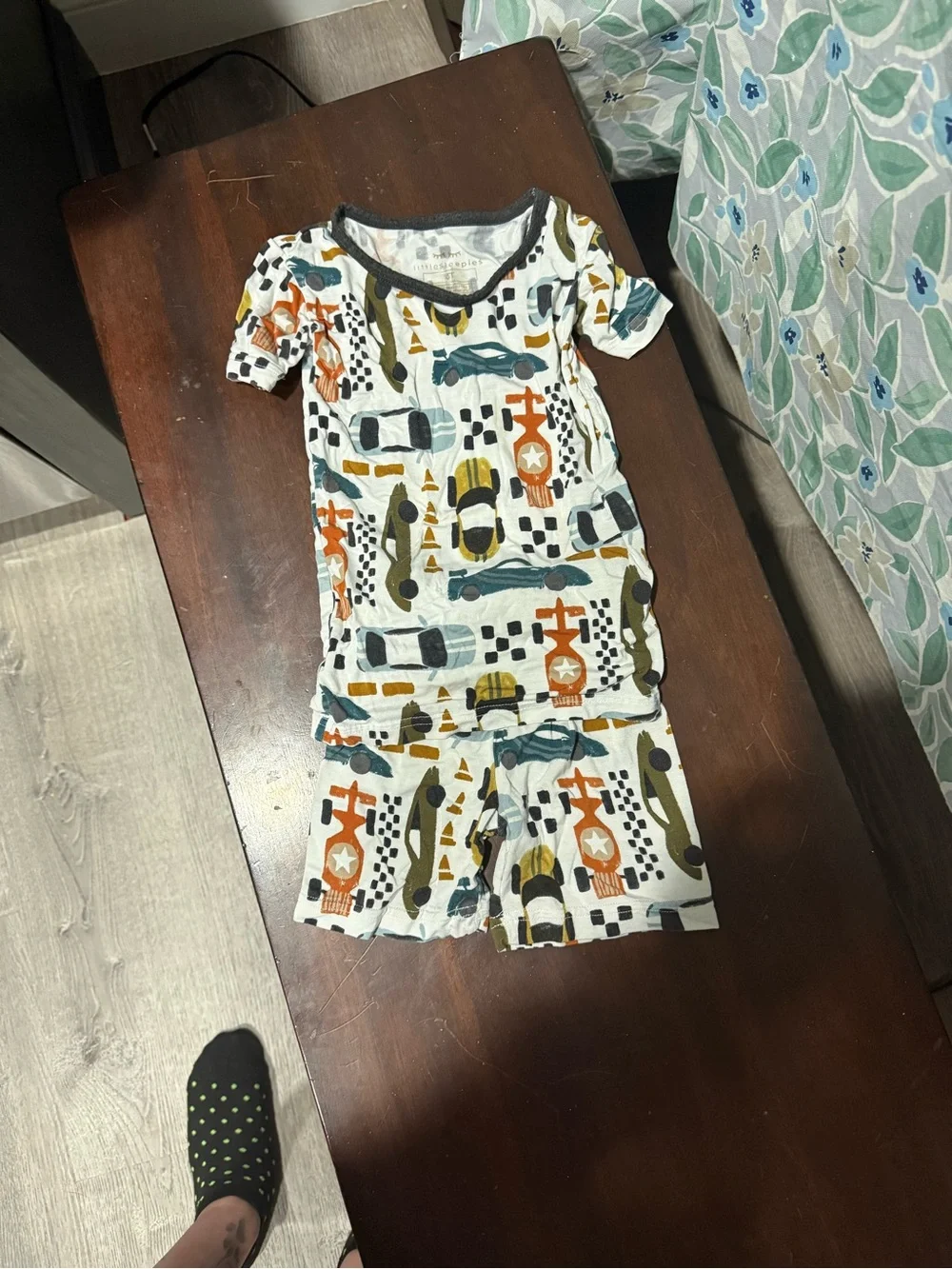 Kids Short Sleeve Pajama Set in White with Orange & Blue Car Print